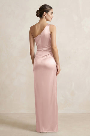 One - Shoulder Ruched Sheath Satin Bridesmaid Dress in English Rose - KISS BRIDAL Bridesmaid Dresses
