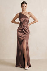 One - Shoulder Ruched Sheath Satin Bridesmaid Dress in Espresso - KISS BRIDAL Bridesmaid Dresses