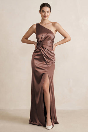 One - Shoulder Ruched Sheath Satin Bridesmaid Dress in Espresso - KISS BRIDAL Bridesmaid Dresses