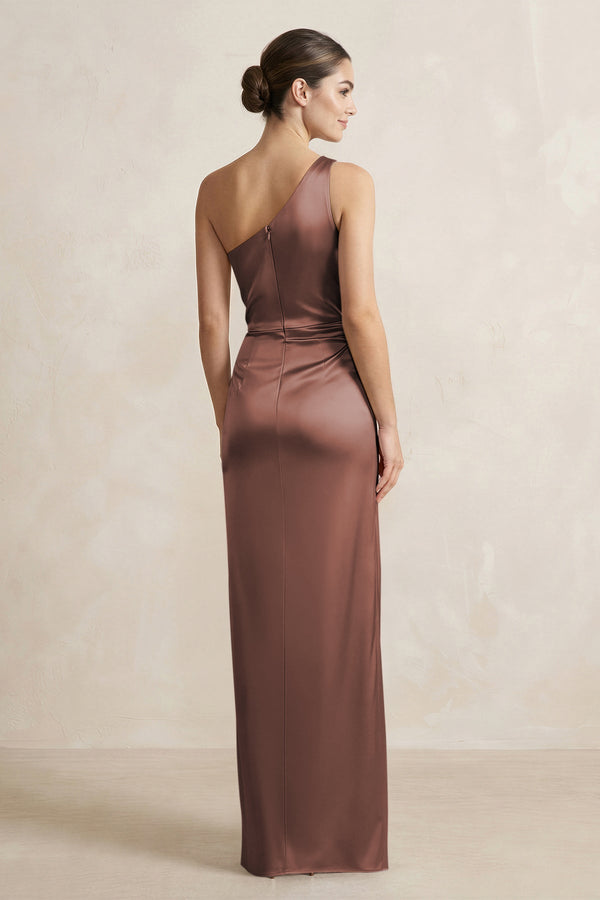 One - Shoulder Ruched Sheath Satin Bridesmaid Dress in Espresso - KISS BRIDAL Bridesmaid Dresses