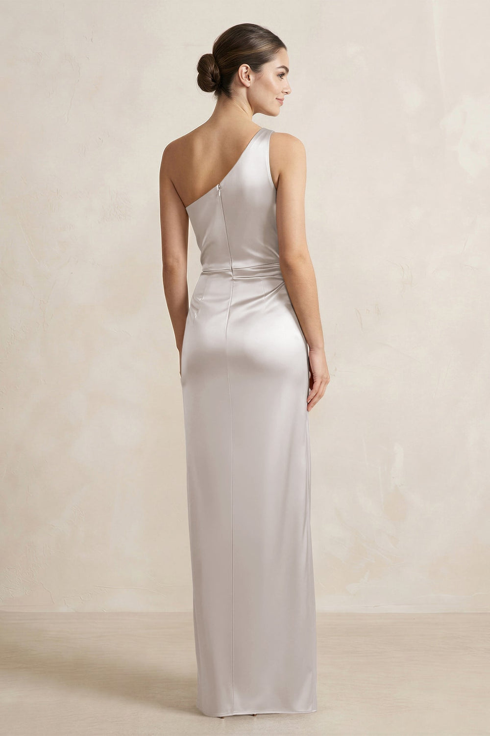 One-Shoulder Ruched Sheath Satin Bridesmaid Dress in Frost