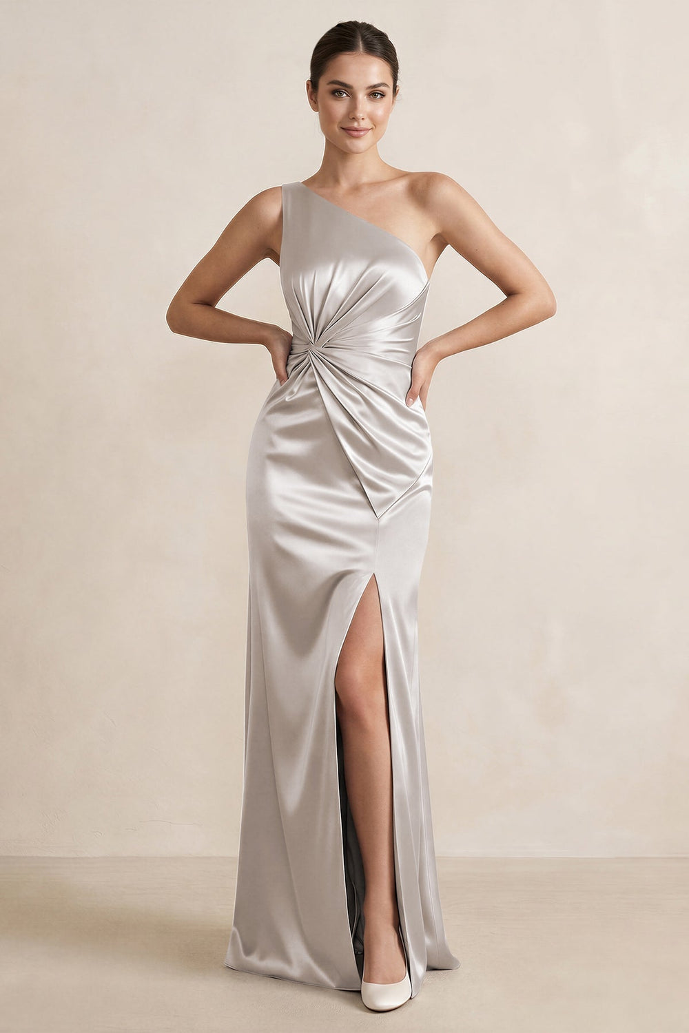 One-Shoulder Ruched Sheath Satin Bridesmaid Dress in Frost