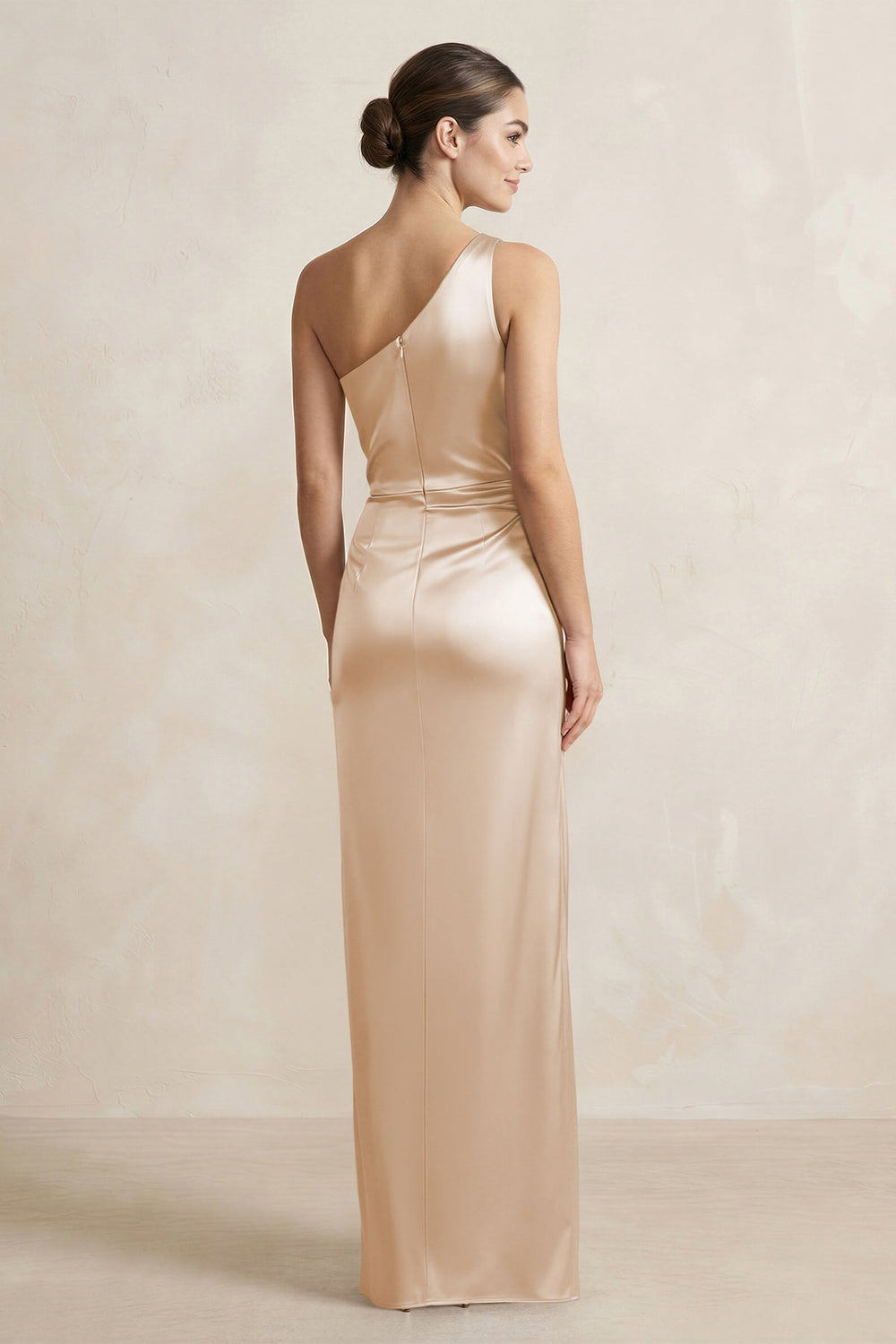 One-Shoulder Ruched Sheath Satin Bridesmaid Dress in Golden Champagne