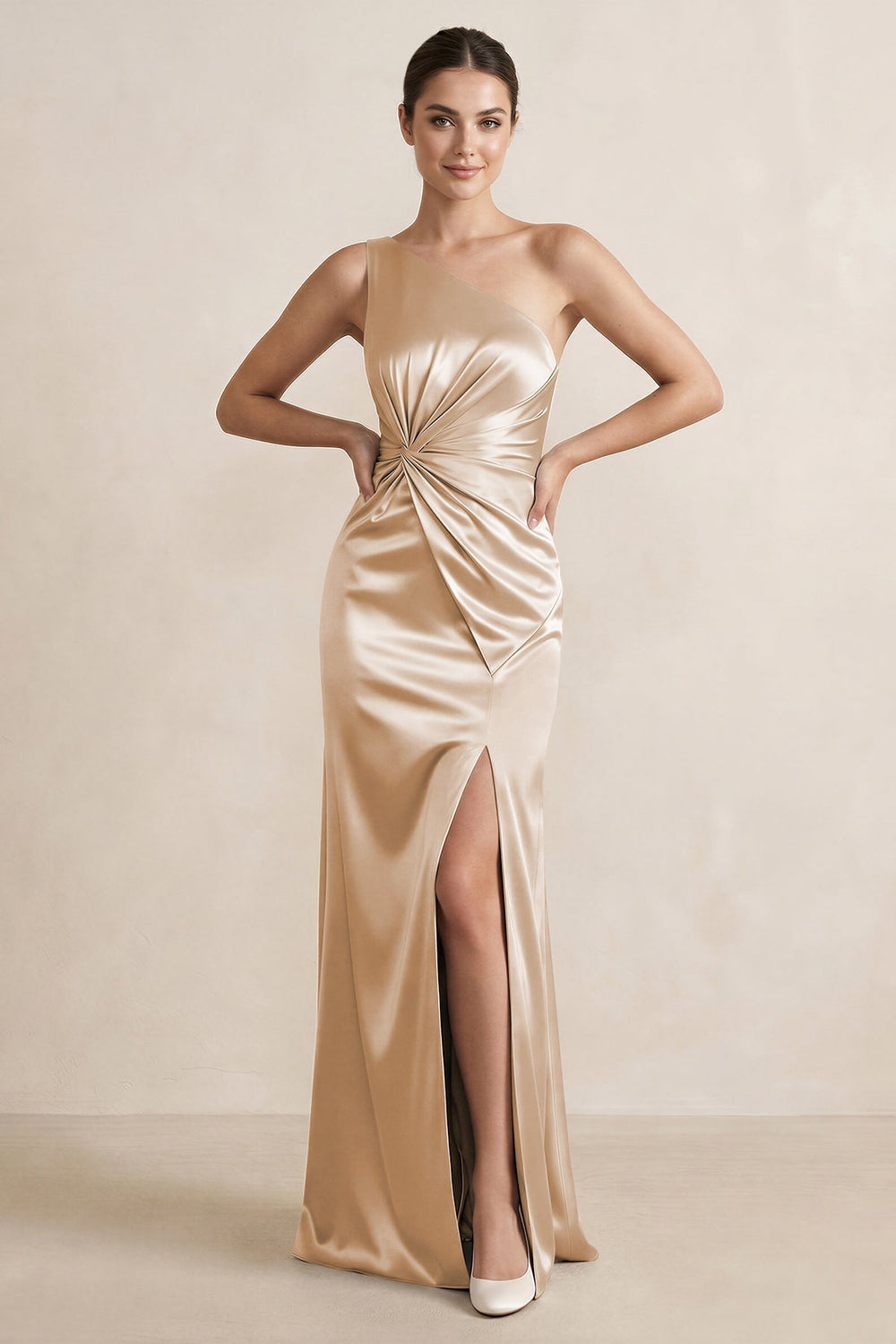 One-Shoulder Ruched Sheath Satin Bridesmaid Dress in Golden Champagne