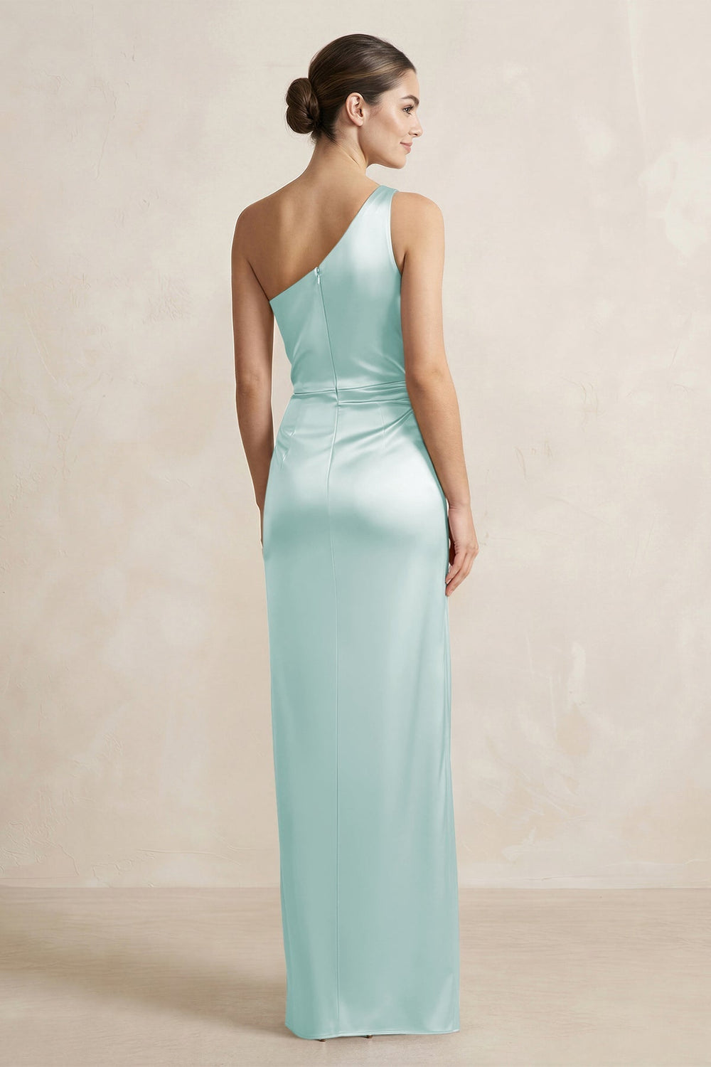 One-Shoulder Ruched Sheath Satin Bridesmaid Dress in Mist