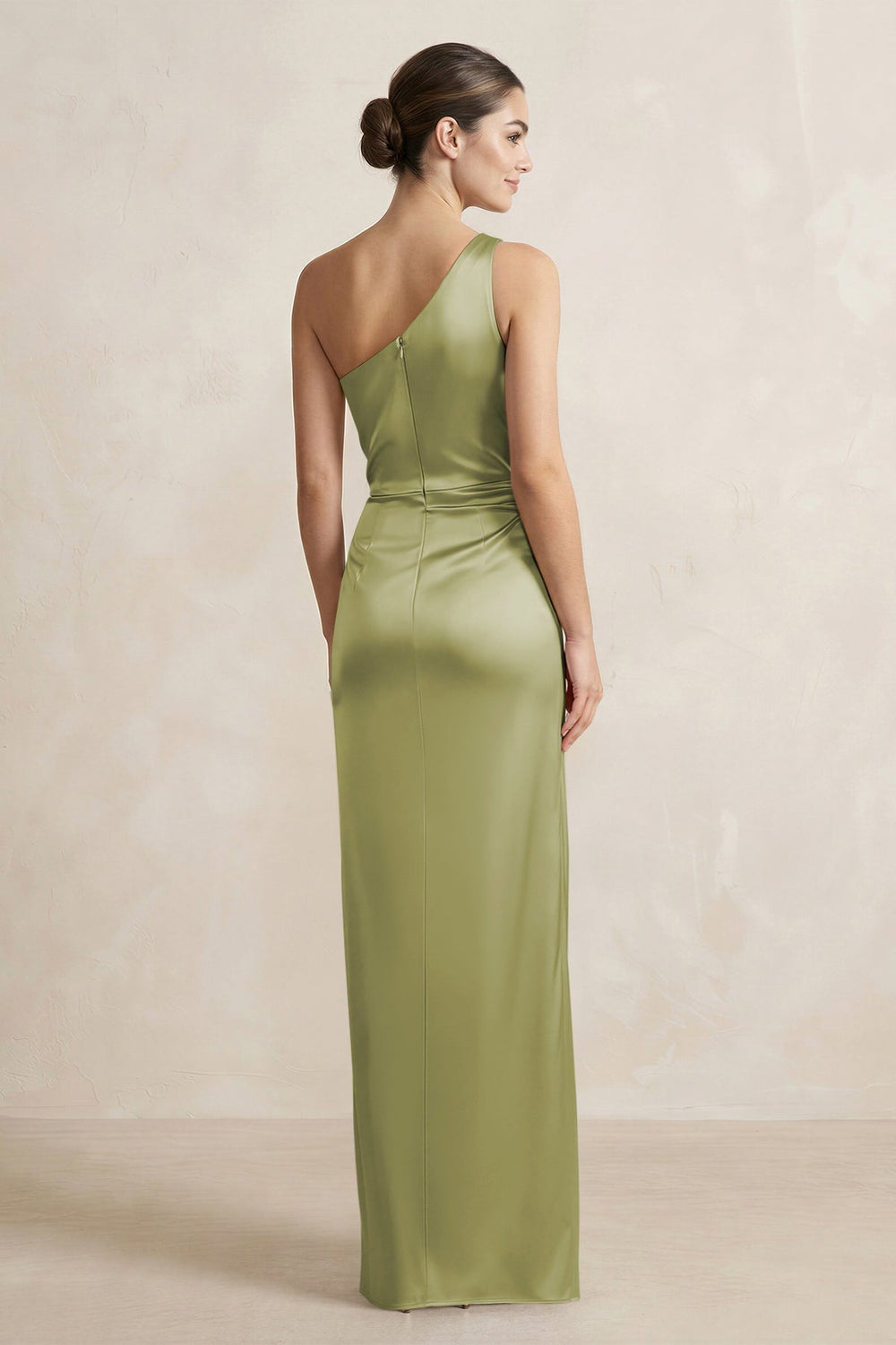 One-Shoulder Ruched Sheath Satin Bridesmaid Dress in Moss Green