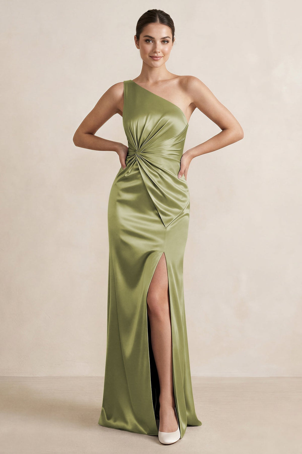 One-Shoulder Ruched Sheath Satin Bridesmaid Dress in Moss Green