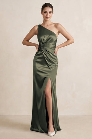 One - Shoulder Ruched Sheath Satin Bridesmaid Dress in Olive - KISS BRIDAL Bridesmaid Dresses