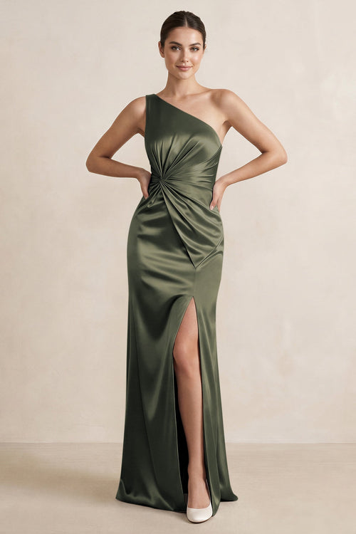 One - Shoulder Ruched Sheath Satin Bridesmaid Dress in Olive - KISS BRIDAL Bridesmaid Dresses