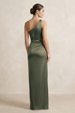 One - Shoulder Ruched Sheath Satin Bridesmaid Dress in Olive - KISS BRIDAL Bridesmaid Dresses