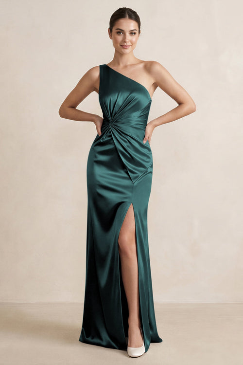 One - Shoulder Ruched Sheath Satin Bridesmaid Dress in Pine - KISS BRIDAL Bridesmaid Dresses