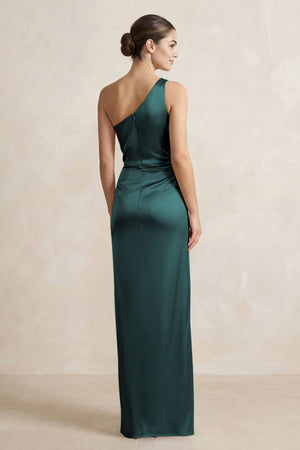 One - Shoulder Ruched Sheath Satin Bridesmaid Dress in Pine - KISS BRIDAL Bridesmaid Dresses
