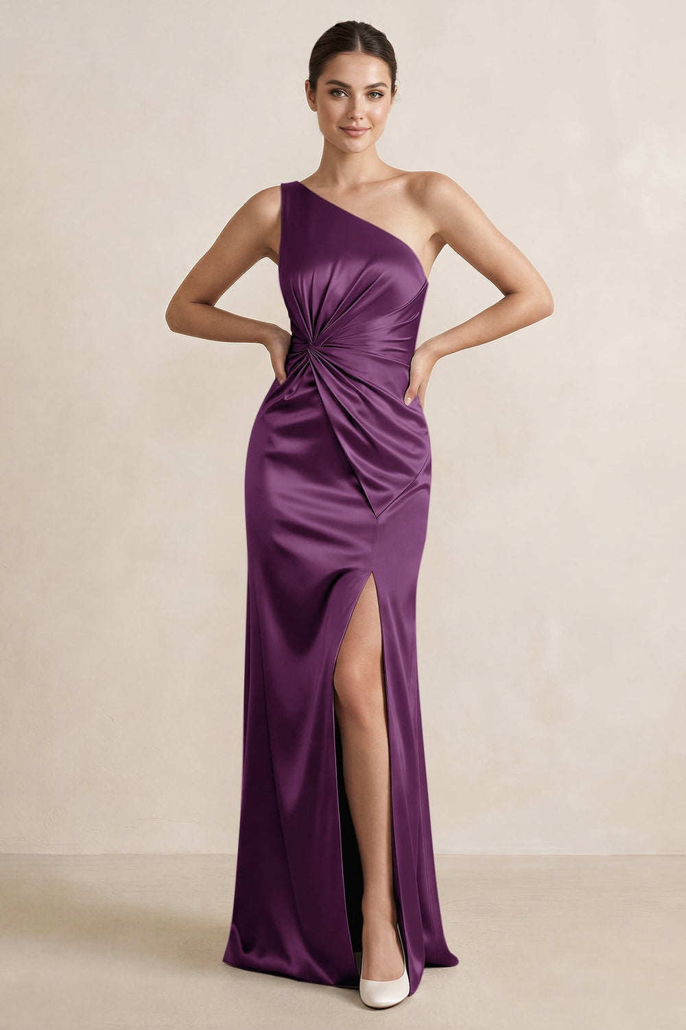 One-Shoulder Ruched Sheath Satin Bridesmaid Dress in Plum