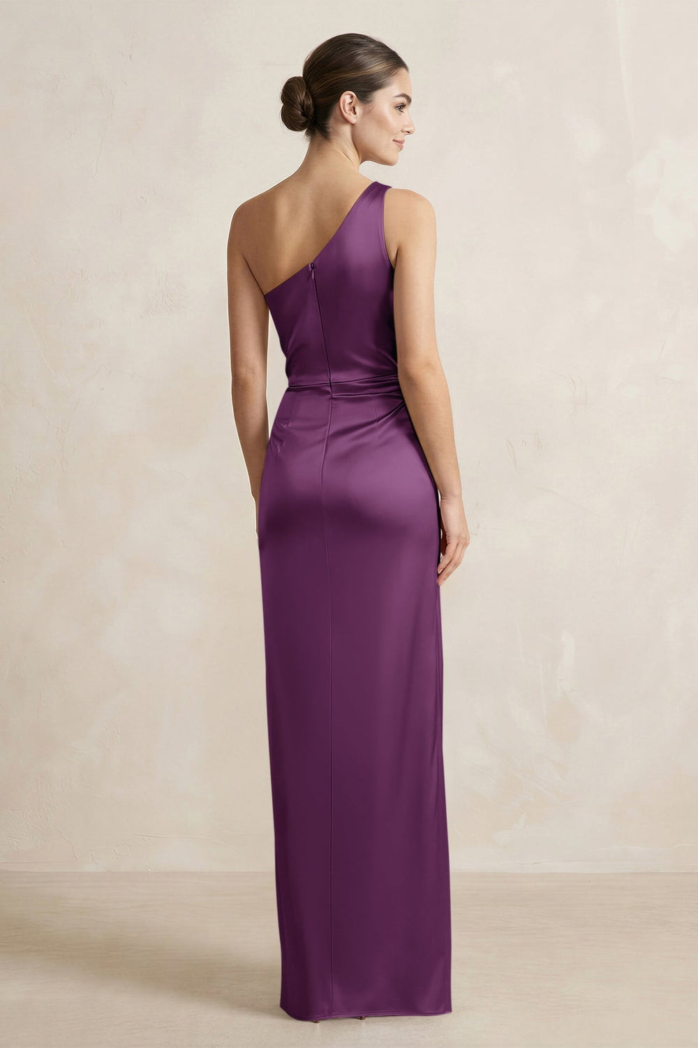 One-Shoulder Ruched Sheath Satin Bridesmaid Dress in Plum