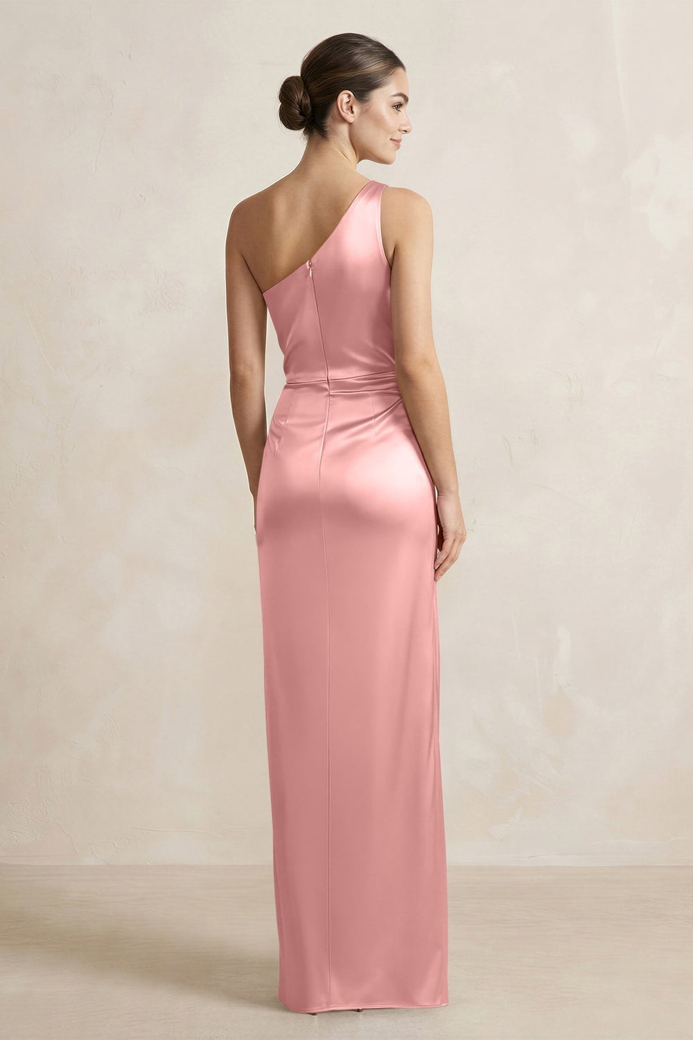 One-Shoulder Ruched Sheath Satin Bridesmaid Dress in Rosette