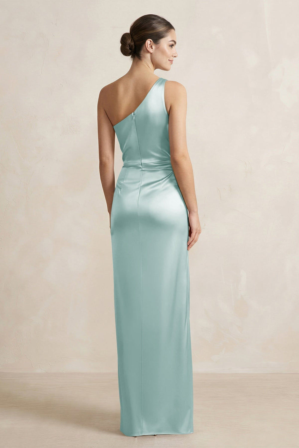 One-Shoulder Ruched Sheath Satin Bridesmaid Dress in Sage