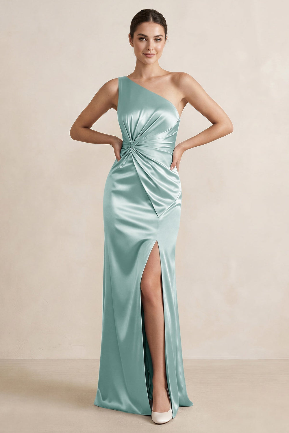 One-Shoulder Ruched Sheath Satin Bridesmaid Dress in Sage