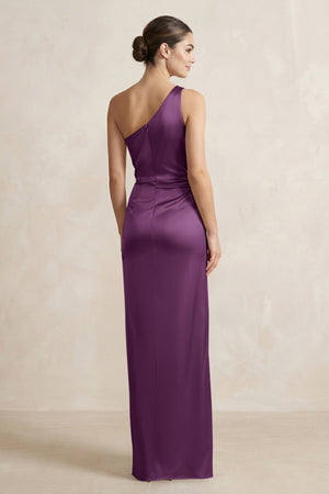 One - Shoulder Ruched Sheath Satin Bridesmaid Dress in Sangria - KISS BRIDAL Bridesmaid Dresses