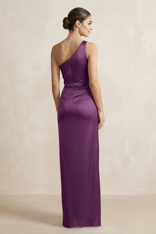 One - Shoulder Ruched Sheath Satin Bridesmaid Dress in Sangria - KISS BRIDAL Bridesmaid Dresses