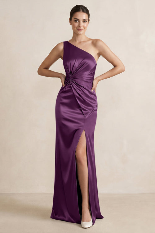 One - Shoulder Ruched Sheath Satin Bridesmaid Dress in Sangria - KISS BRIDAL Bridesmaid Dresses