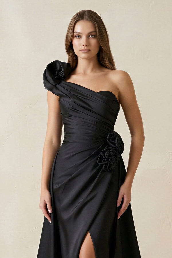 One - Shoulder Satin A - Line Ruched Wedding Dress with Slit in Black - KISS BRIDAL Wedding Dresses
