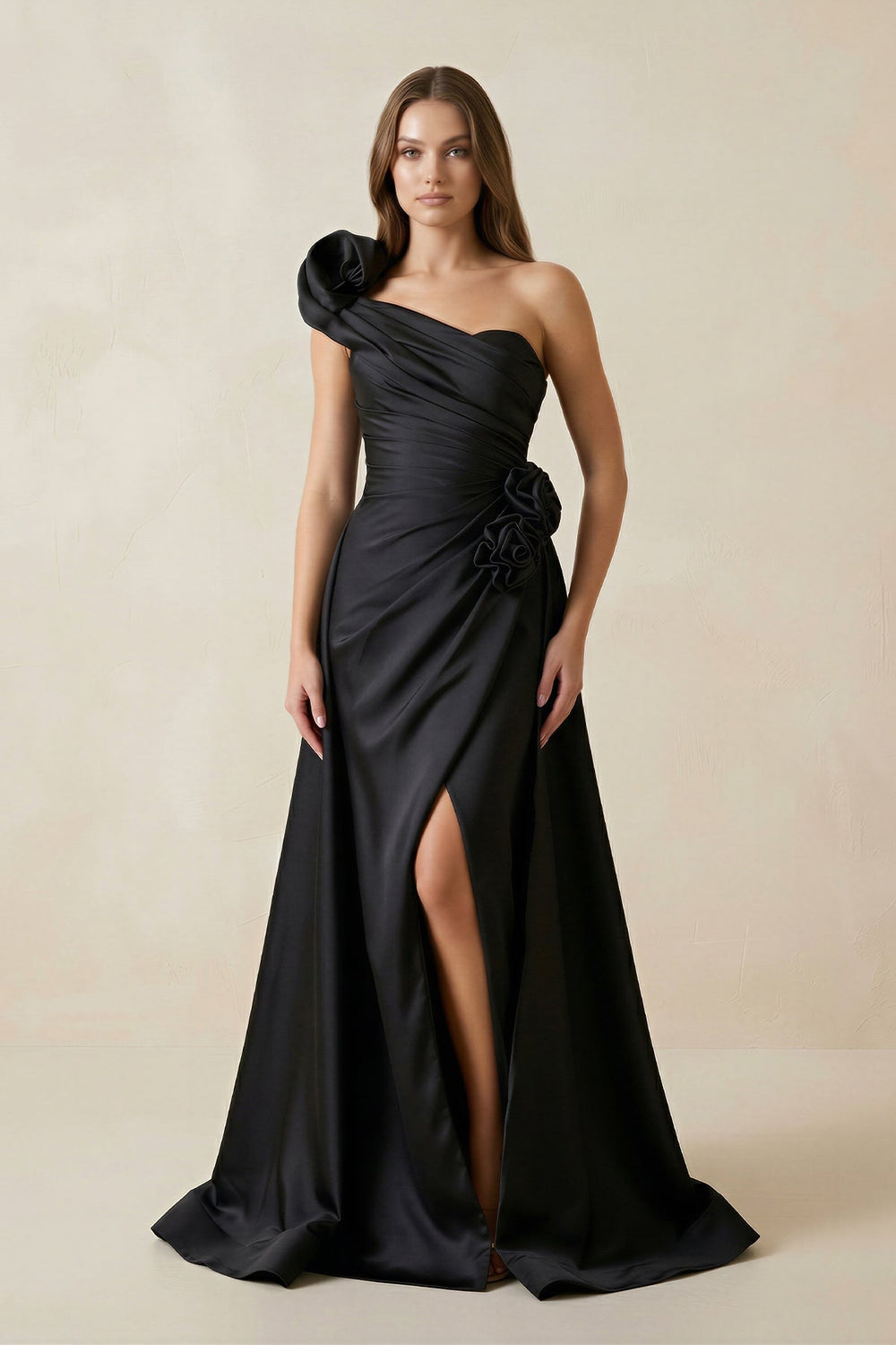 One-Shoulder Satin A-Line Ruched Wedding Dress with Slit in Black