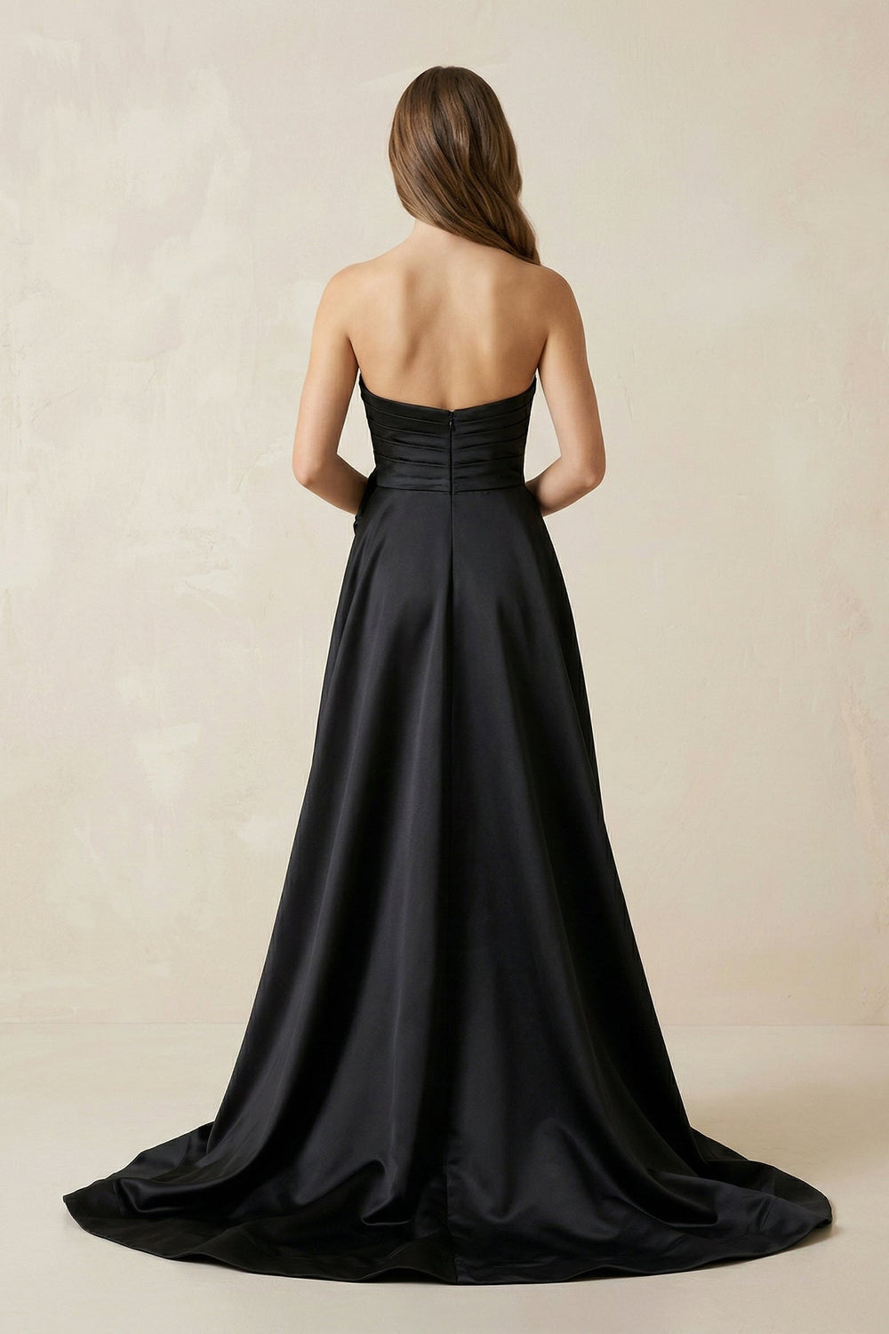 One-Shoulder Satin A-Line Ruched Wedding Dress with Slit in Black