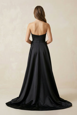 One - Shoulder Satin A - Line Ruched Wedding Dress with Slit in Black - KISS BRIDAL Wedding Dresses