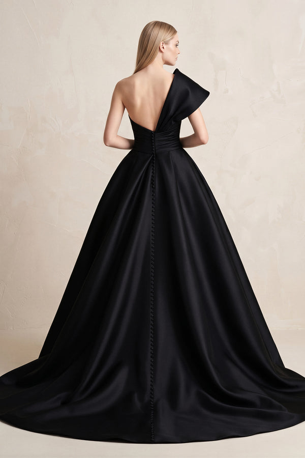 One - Shoulder Satin Ball Gown Wedding Dress in Black - KISS BRIDAL Wedding Dresses