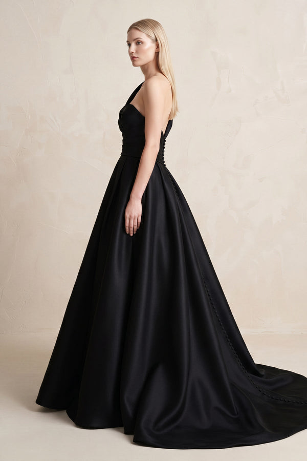 One - Shoulder Satin Ball Gown Wedding Dress in Black - KISS BRIDAL Wedding Dresses