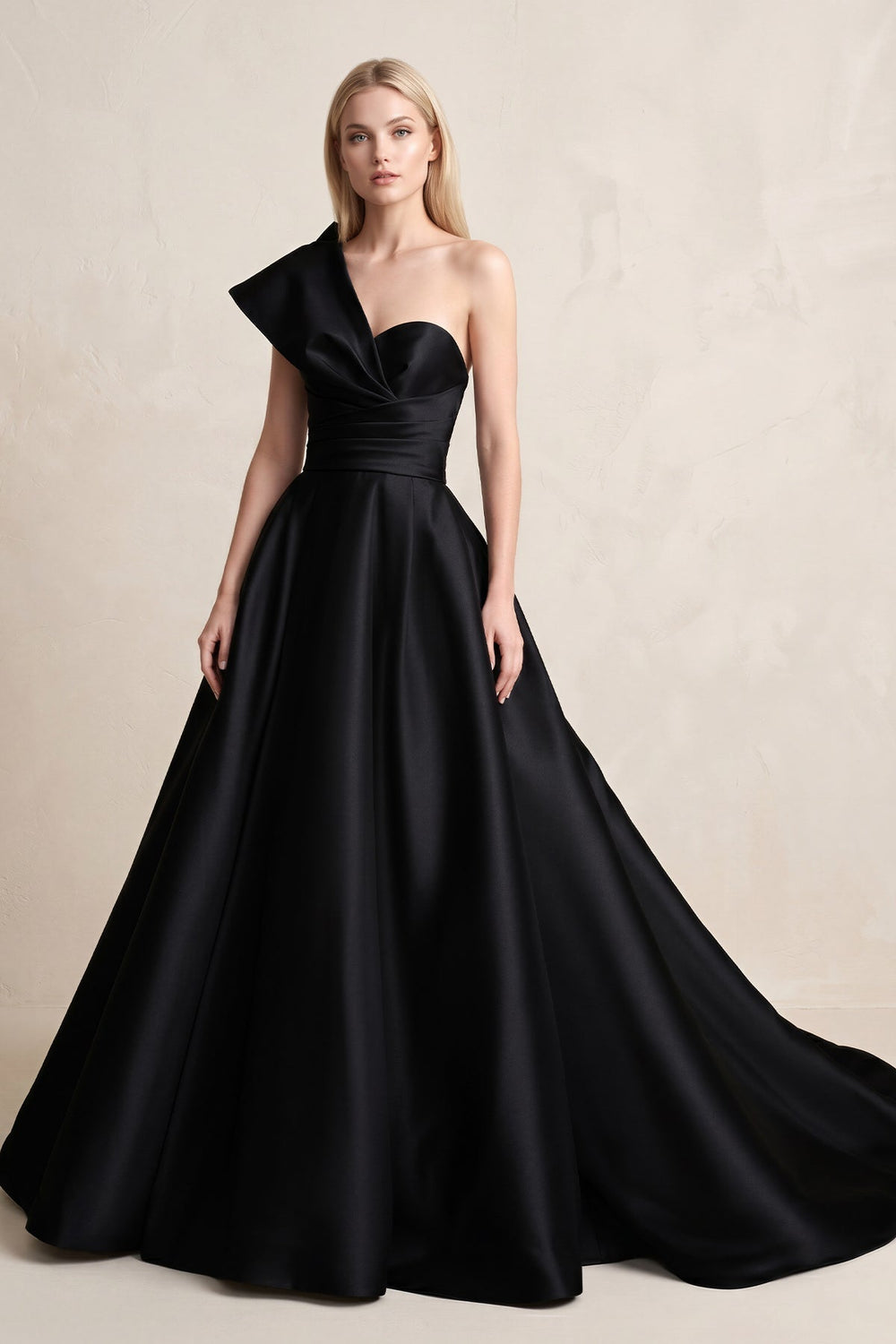 One-Shoulder Satin Ball Gown Wedding Dress in Black