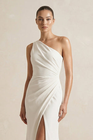 One - Shoulder Satin Mermaid Ruched Wedding Dress With Slit in Ivory - KISS BRIDAL Wedding Dresses