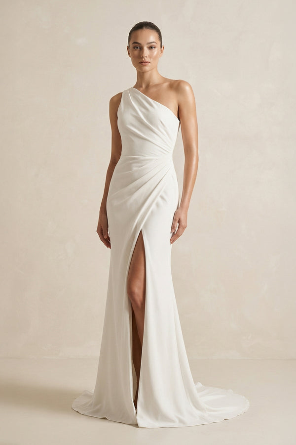 One - Shoulder Satin Mermaid Ruched Wedding Dress With Slit in Ivory - KISS BRIDAL Wedding Dresses