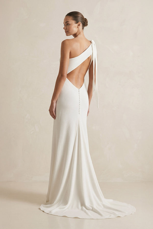 One - Shoulder Satin Mermaid Ruched Wedding Dress With Slit in Ivory - KISS BRIDAL Wedding Dresses