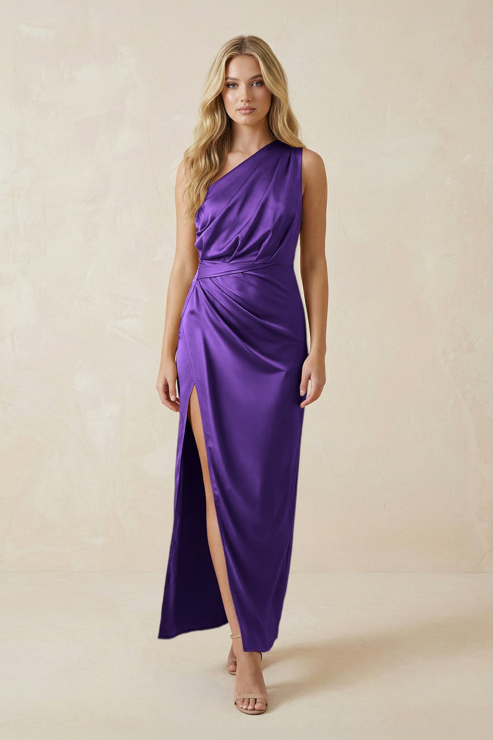 One-Shoulder Satin Ruched Sheath Bridesmaid Dress in Amethyst