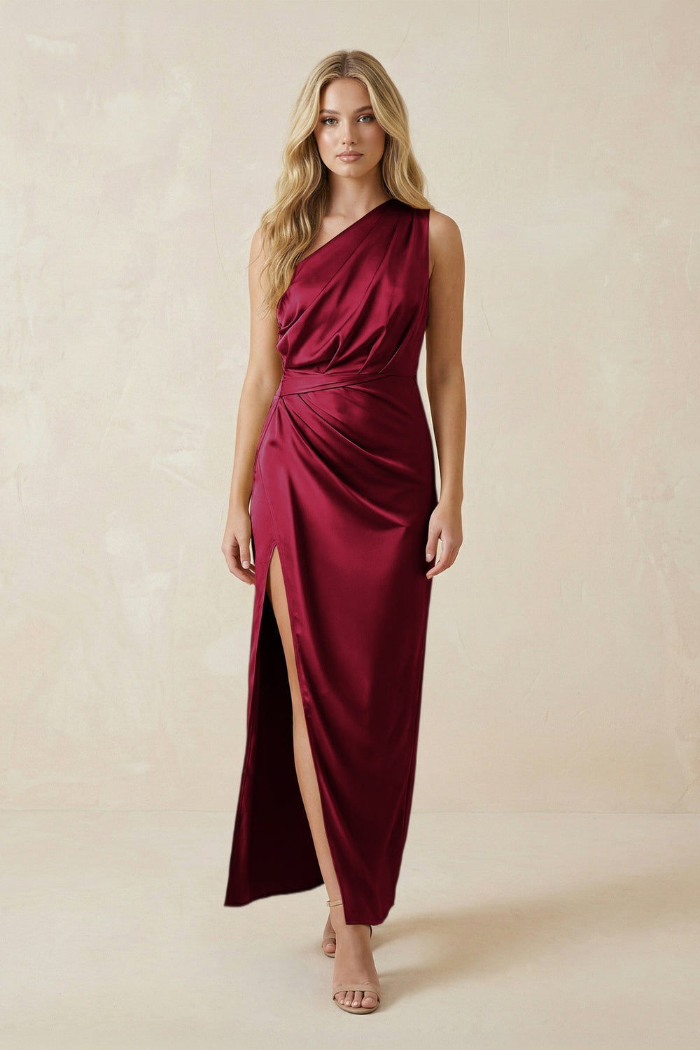 One-Shoulder Satin Ruched Sheath Bridesmaid Dress in Berry