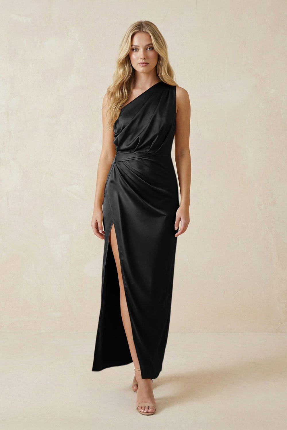 One-Shoulder Satin Ruched Sheath Bridesmaid Dress in Black