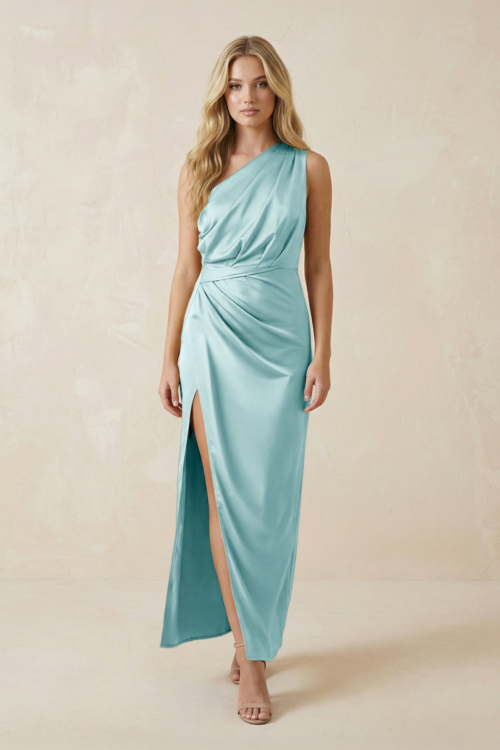 One-Shoulder Satin Ruched Sheath Bridesmaid Dress in Bleached Aqua