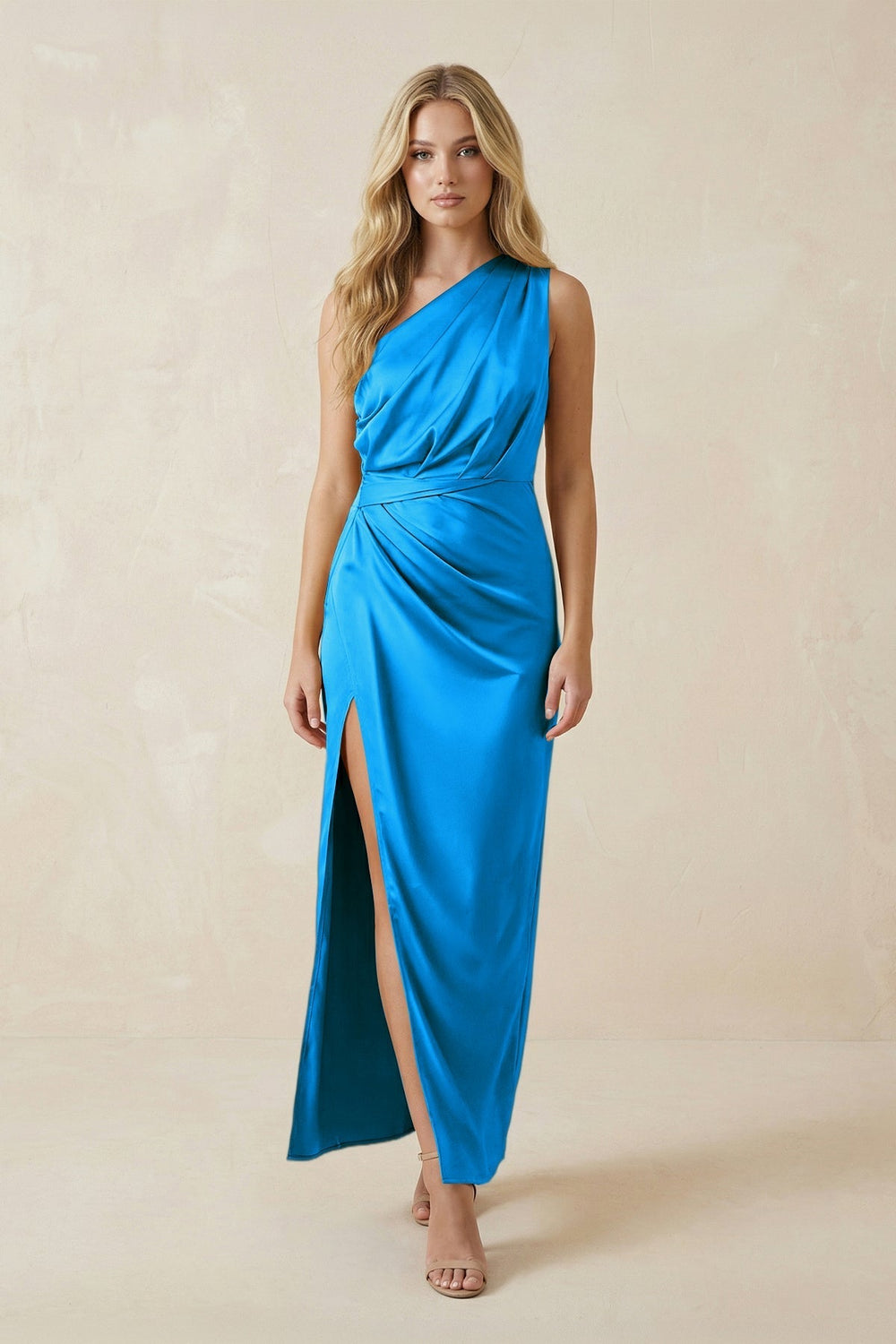 One-Shoulder Satin Ruched Sheath Bridesmaid Dress in Blue Jay