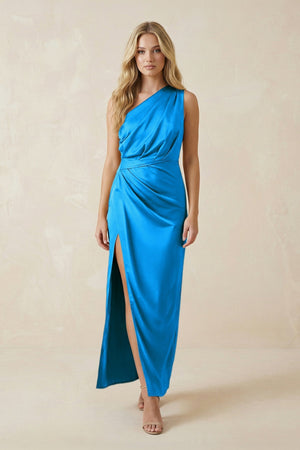 One - Shoulder Satin Ruched Sheath Bridesmaid Dress in Blue Jay - KISS BRIDAL Bridesmaid Dresses