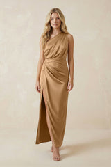 One - Shoulder Satin Ruched Sheath Bridesmaid Dress in Bronzer - KISS BRIDAL Bridesmaid Dresses