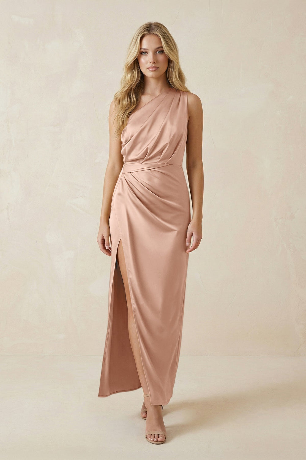One-Shoulder Satin Ruched Sheath Bridesmaid Dress in Champagne Rose