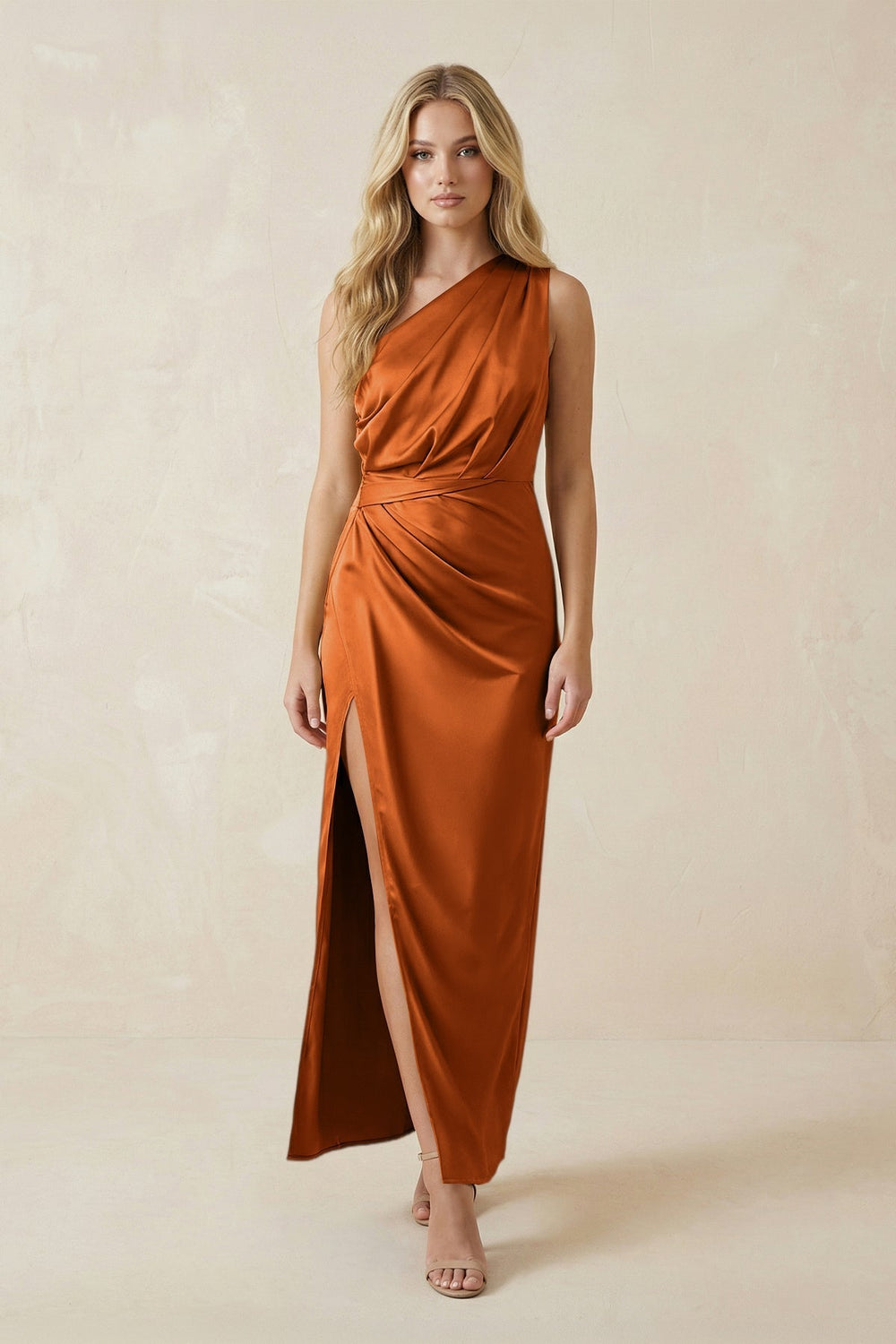 One-Shoulder Satin Ruched Sheath Bridesmaid Dress in Cinnamon