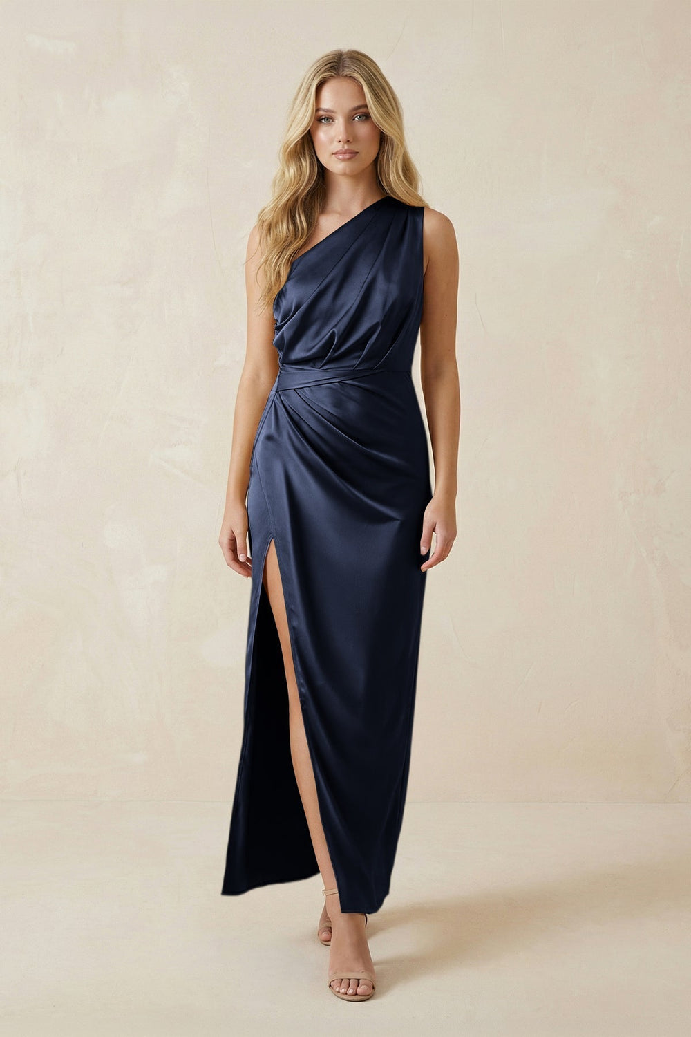 One-Shoulder Satin Ruched Sheath Bridesmaid Dress in Dark Navy