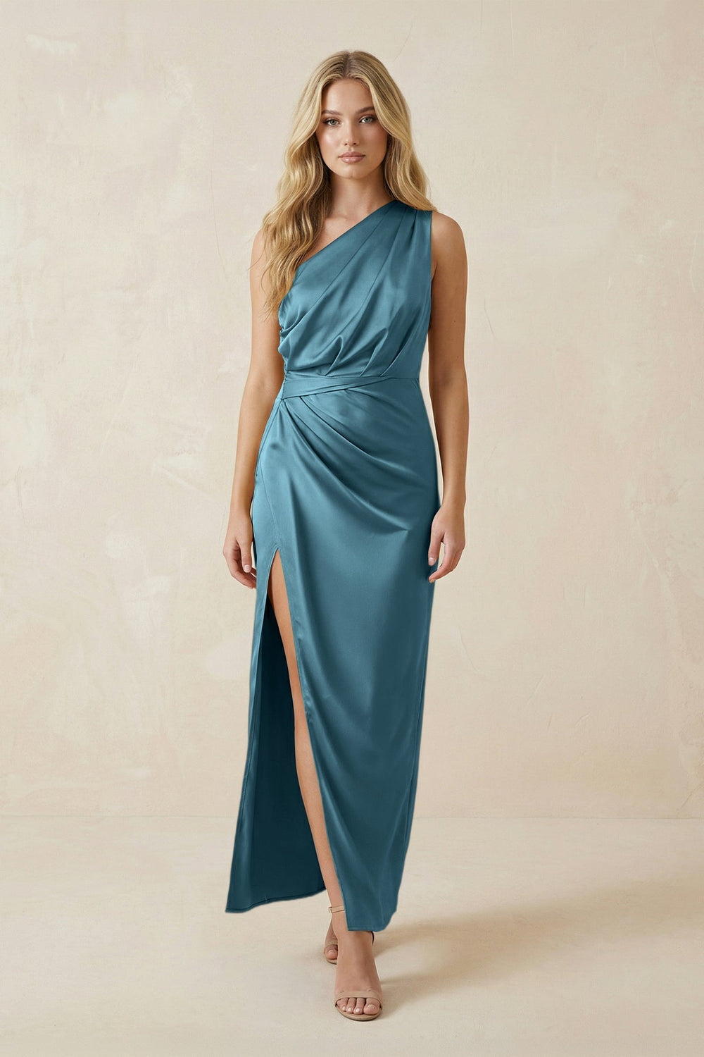 One-Shoulder Satin Ruched Sheath Bridesmaid Dress in Dark Teal
