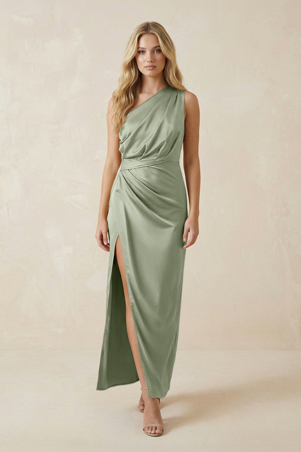 One-Shoulder Satin Ruched Sheath Bridesmaid Dress in Dove Gray