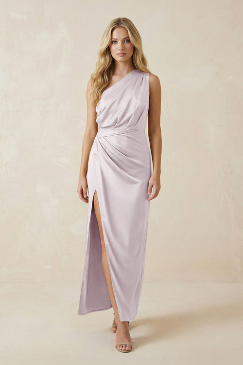 One - Shoulder Satin Ruched Sheath Bridesmaid Dress in Dusk - KISS BRIDAL Bridesmaid Dresses
