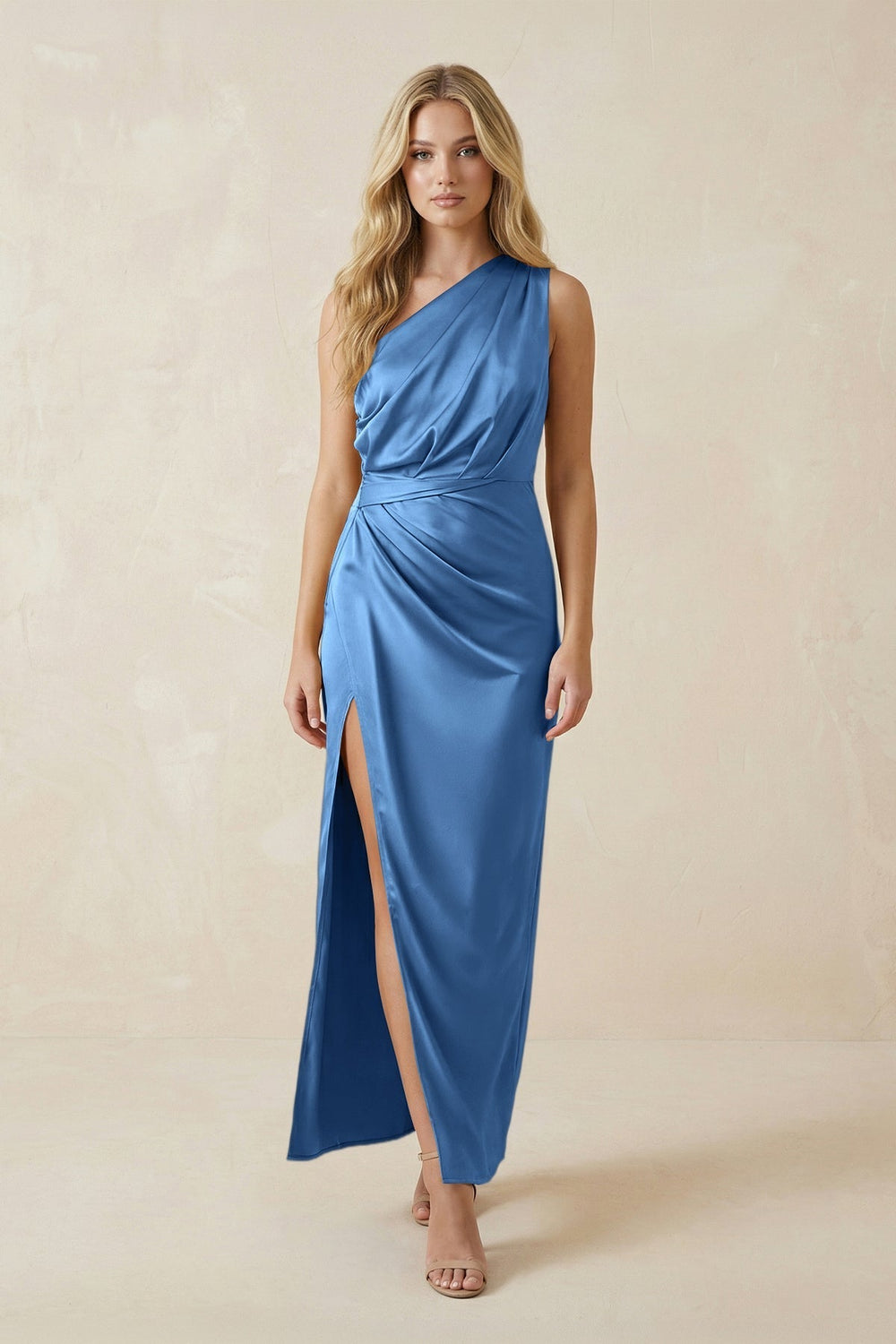 One-Shoulder Satin Ruched Sheath Bridesmaid Dress in Dusty Blue
