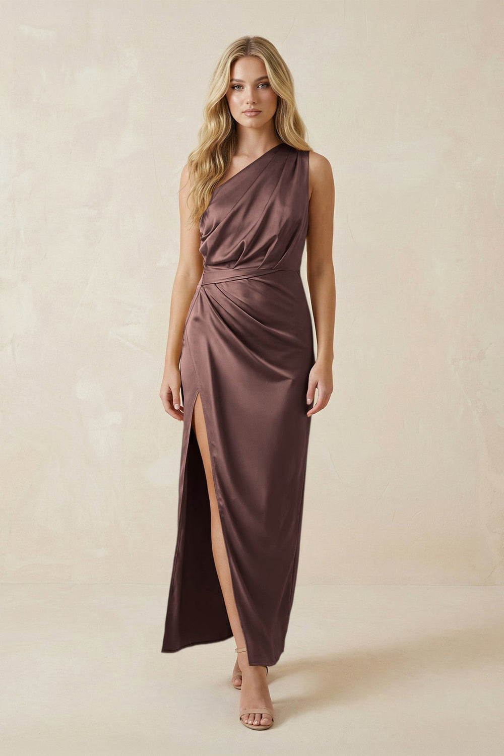 One-Shoulder Satin Ruched Sheath Bridesmaid Dress in Espresso