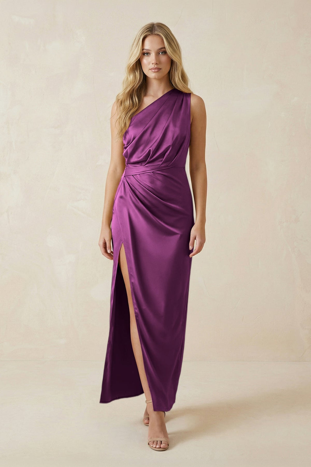 One-Shoulder Satin Ruched Sheath Bridesmaid Dress in Fig